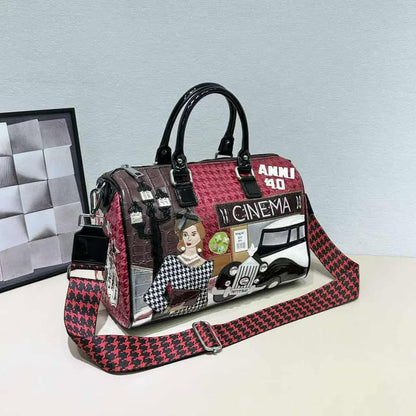 CINEMA Patch Work Stylish Lady Stud & Pearl Work Premium Quality Multicolour Leather Small Duffle Bag 414#