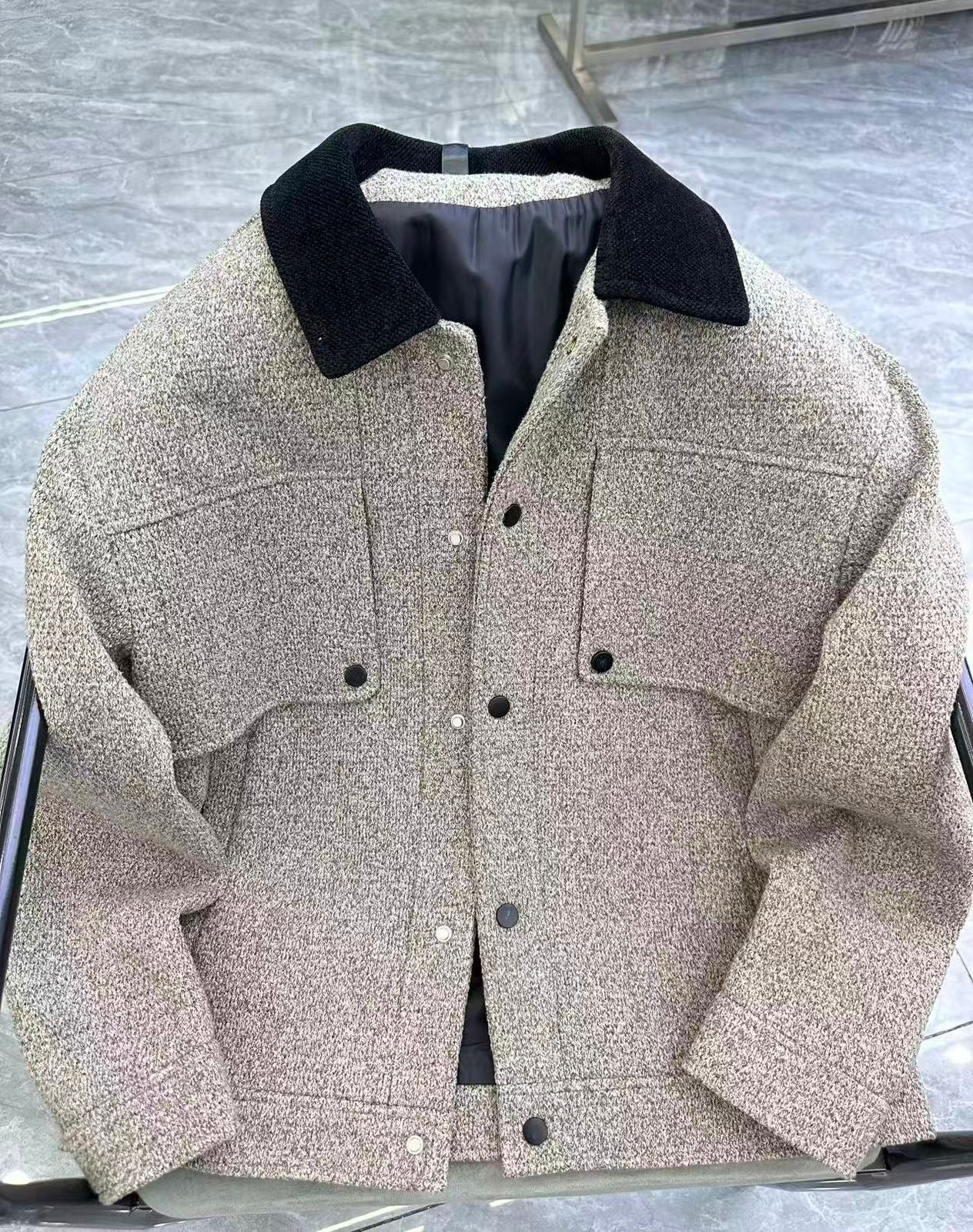 Beige Colour Black Collar Cardigan Coat Unisex Jacket 9901