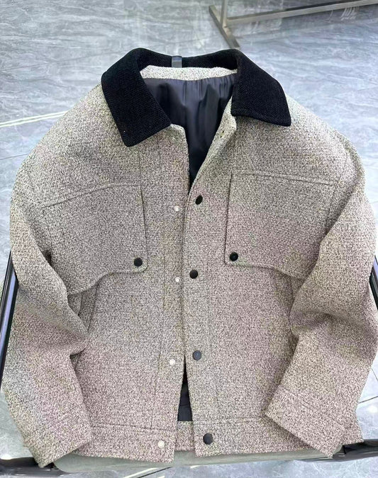 Beige Colour Black Collar Cardigan Coat Unisex Jacket 9901