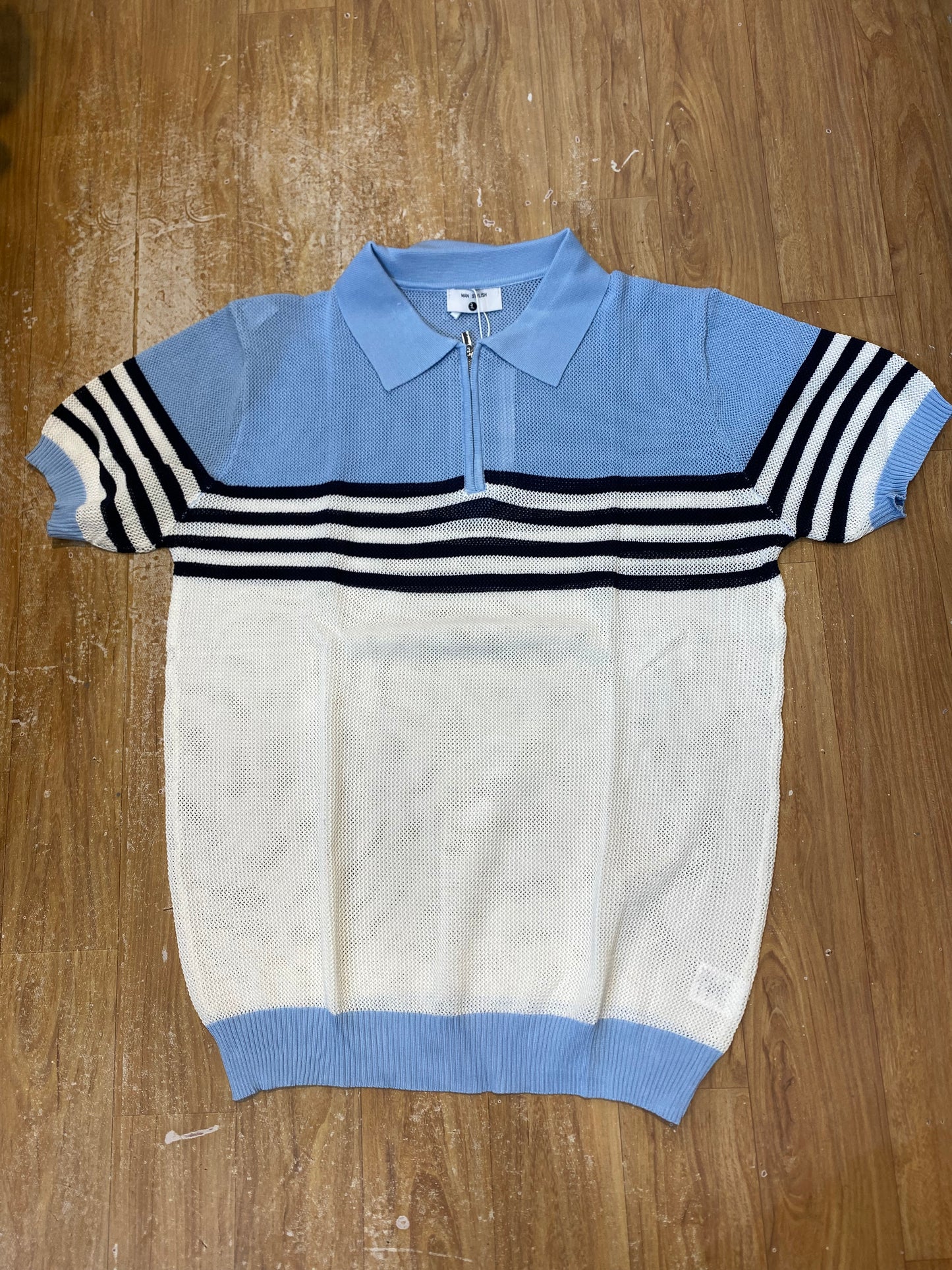 Men Stylish Sky Blue White Colour Black Lining Half Zip Knitted Premium Quality Unisex Collar T-Shirt R86028