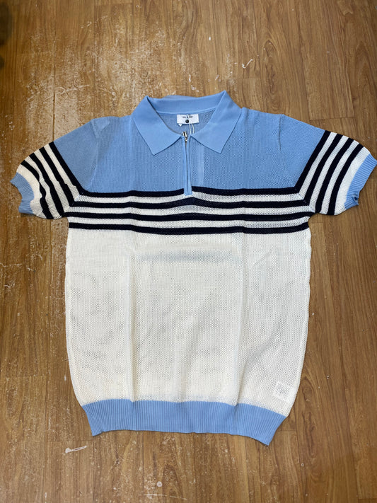 Men Stylish Sky Blue White Colour Black Lining Half Zip Knitted Premium Quality Unisex Collar T-Shirt R86028