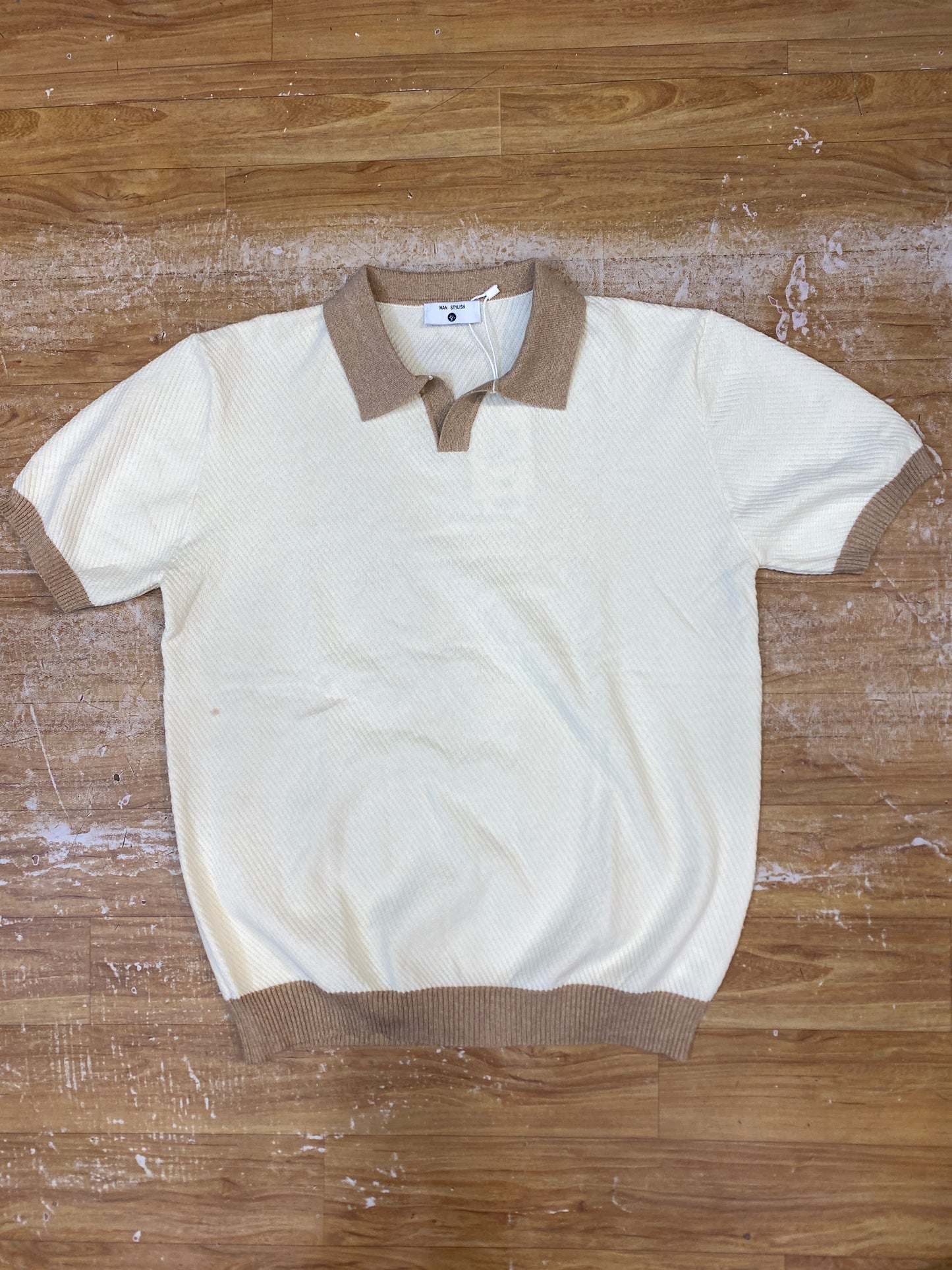 Man Style Cream Knitted Beige Collar Premium Quality Unisex Collar T-Shirt R86136