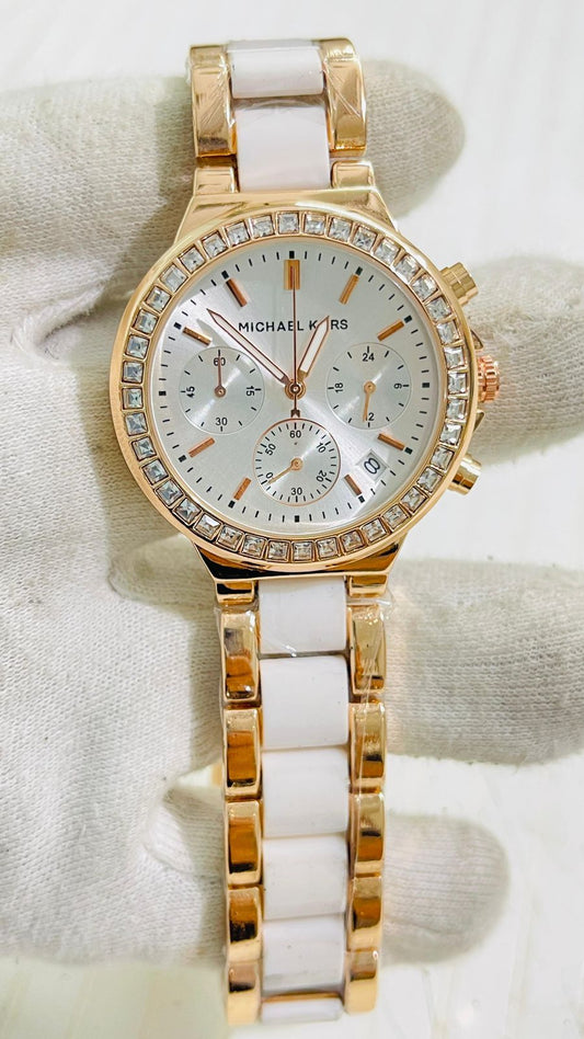 Cim Copper White Chain White Dial Studed Ladies Watch 989358