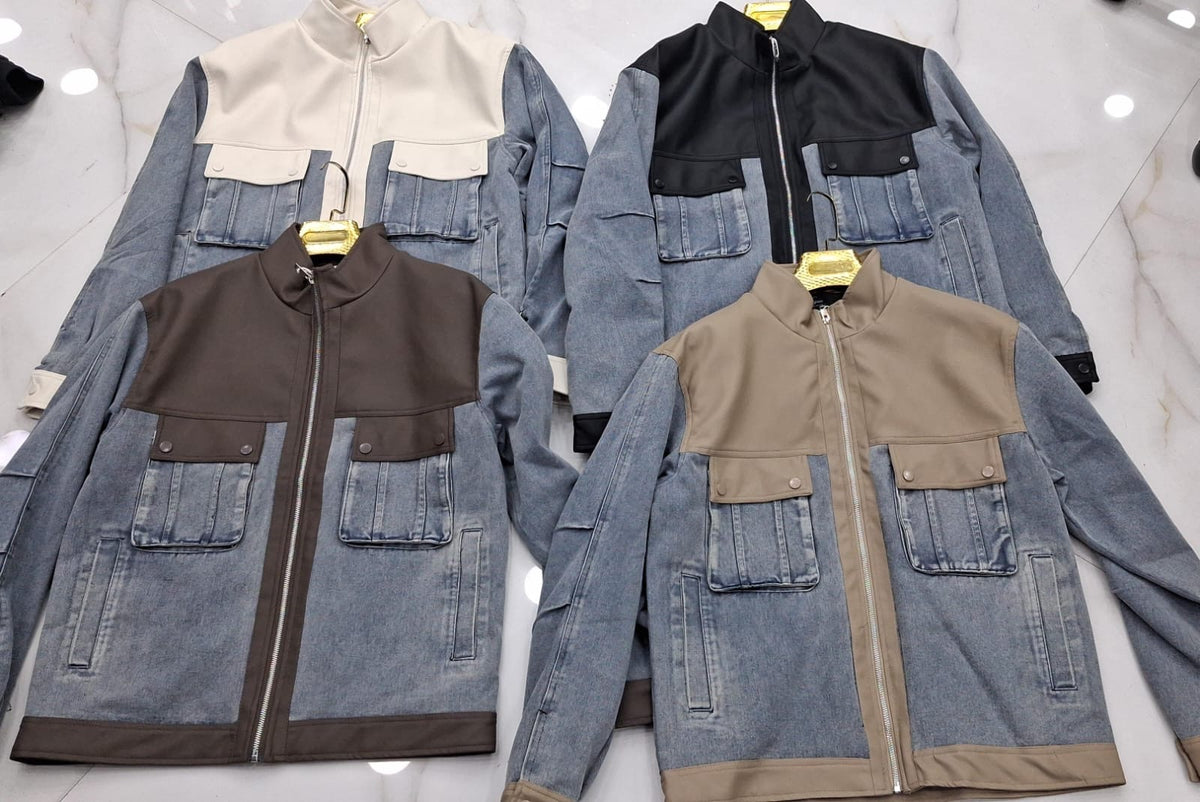 Vogue Beige Leather Blue Denim  Front Pocket Design Premium Quality Unisex Jacket