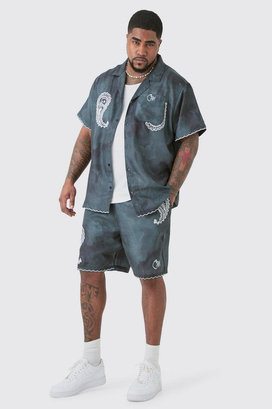 Booh Oob Man Black Grey Linen Look Tie Dye Paisley Embroidery Shirt Short 5045744680922