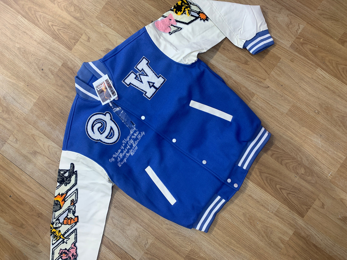 Off White Blue Colour With Front Back Patch Work Premium Quality Varsity Jacket 909102