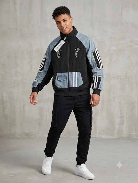 SHUAI QIFS 97 Black Colour With Rugged Blue Denim Design Premium Quality Unisex Jacket 268-15
