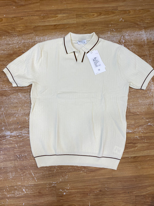 UOY Youdian cream Colour Knitted Premium Quality Unisex Beige Lining Collar T-Shirt  P2010