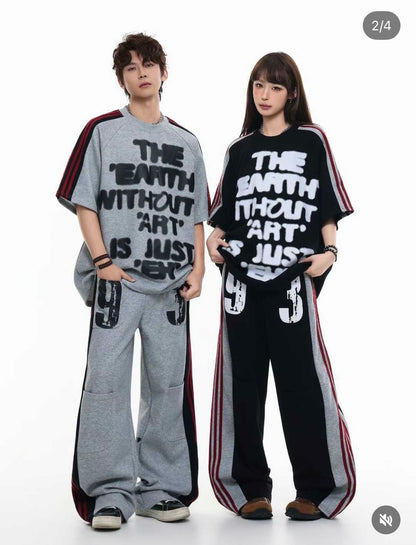 M Four Grey Colour 93 Print Half Sleeve T-Shirt With Red Starp Lower Imported Unisex Coord Set 25W-280#