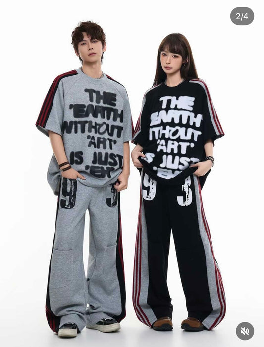 M Four Black Colour 93 Print Half Sleeve T-Shirt With Red Starp Lower Imported Unisex Coord Set 26ss-038