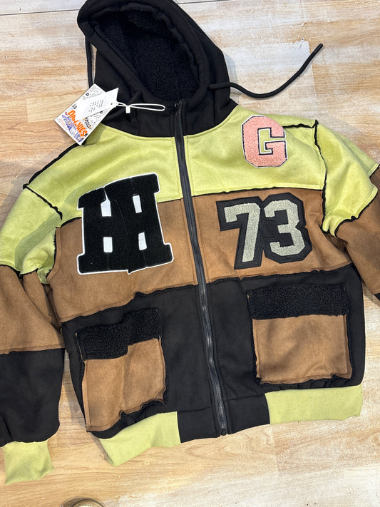 HH G 73 Green Brown Black Colour Heavy Quality Patch Work Hooded Jacket 24535