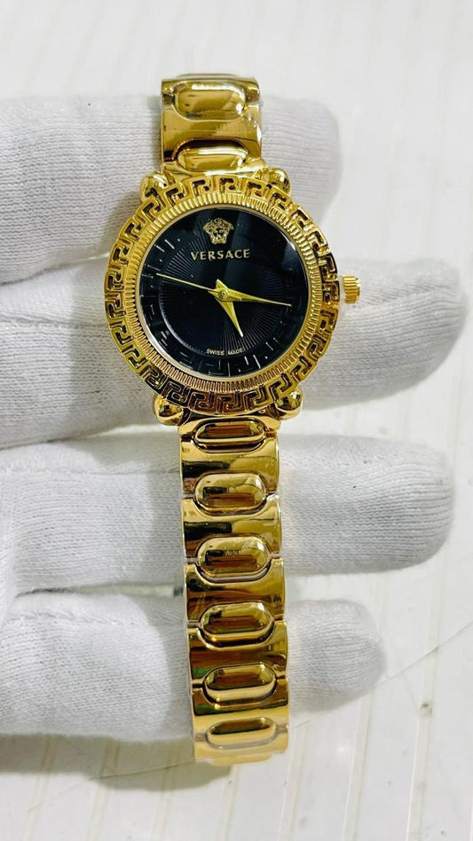 REV VER Golden Silver Chain Black Dial Ladies Watch 989303