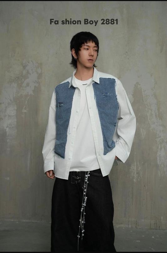 VOGUE DESIGN White Colour  With Blue Denim Full Sleeve Imported Men’s Shirt 2881
