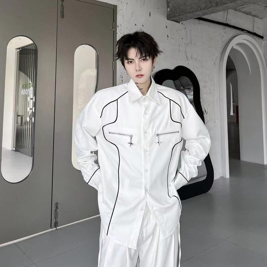 M 87 Studio White Colour WITH white Line Design Korean Full Sleeve Shirt 7805