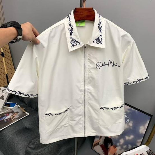 SAVAGE BASE GatherMade White Colour Blue Collar Embroidery With Pocket Zipp Style Half Sleeve Imported Unisex Shirt YR9309