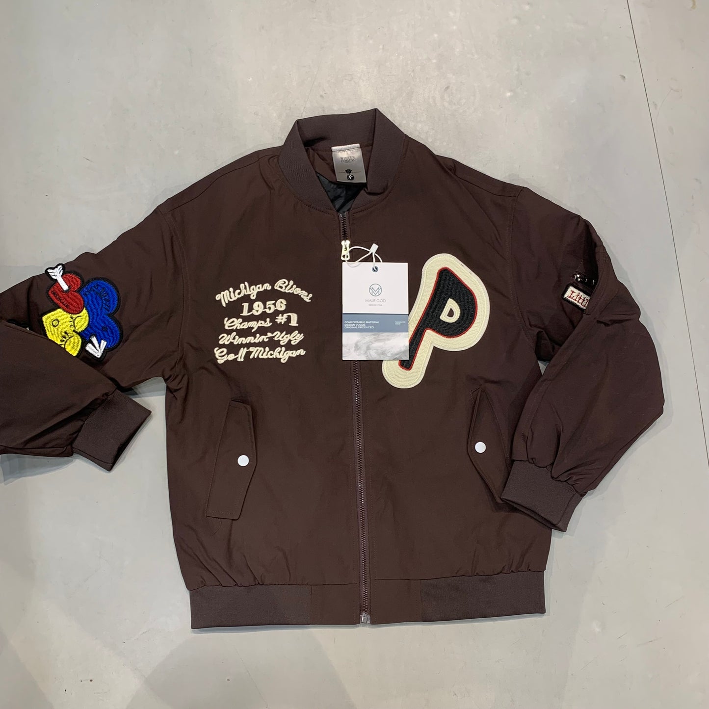 MICHIGAN BISONS Coffee Brown Colour Multi Patches Unisex Bomber Jacket 2559