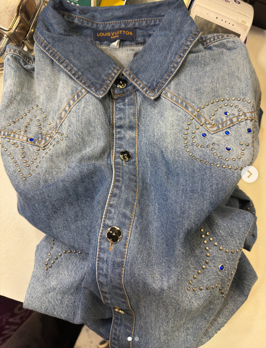 UOL LOU Faded Blue Denim Imported Premium Quality stud Style Men Shirt 990024