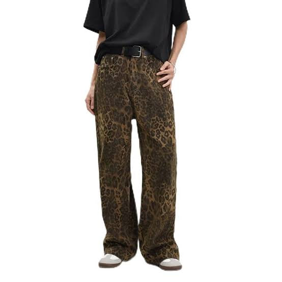 BANSONGJIN Brown Leopard Colour Premium Quality Leopard Design Straight Fit Jeans T10