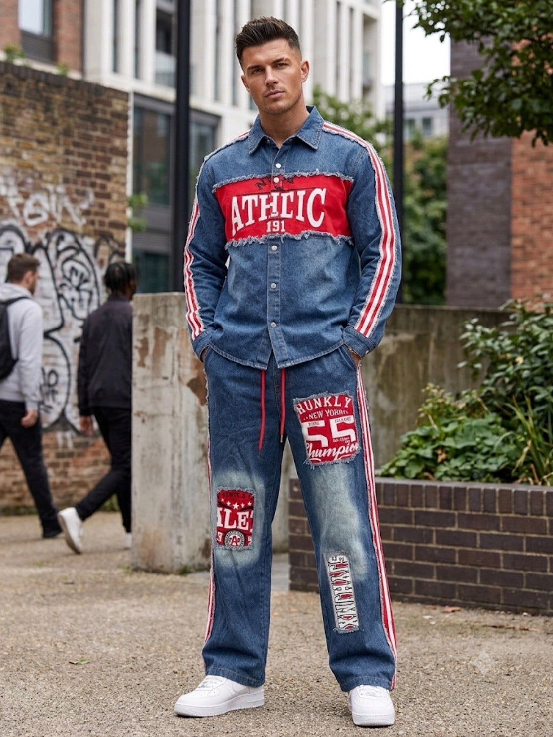 JMX Denim Red Colour Athtic 1991 Print Jacket And Denim Cargo Imported Unisex Coord Set 991078