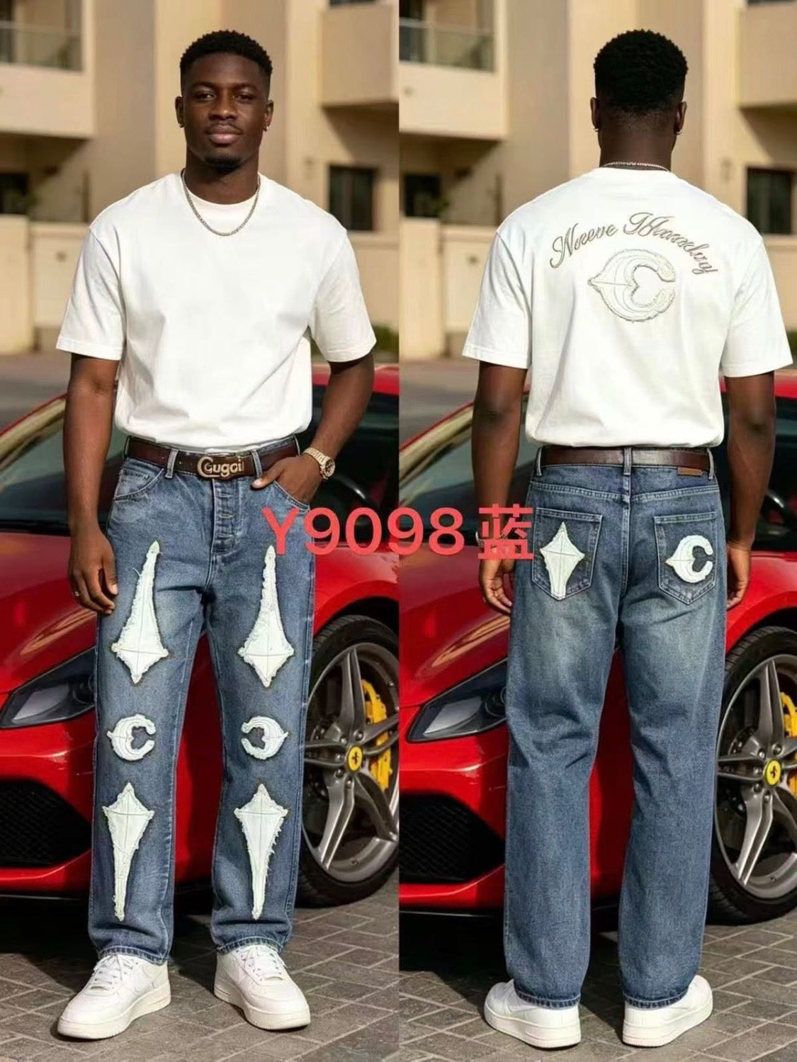 Yilufa Faded Blue Colour Four Button Rugged  Style Baggy Fit Unisex Imported jeans Y9098