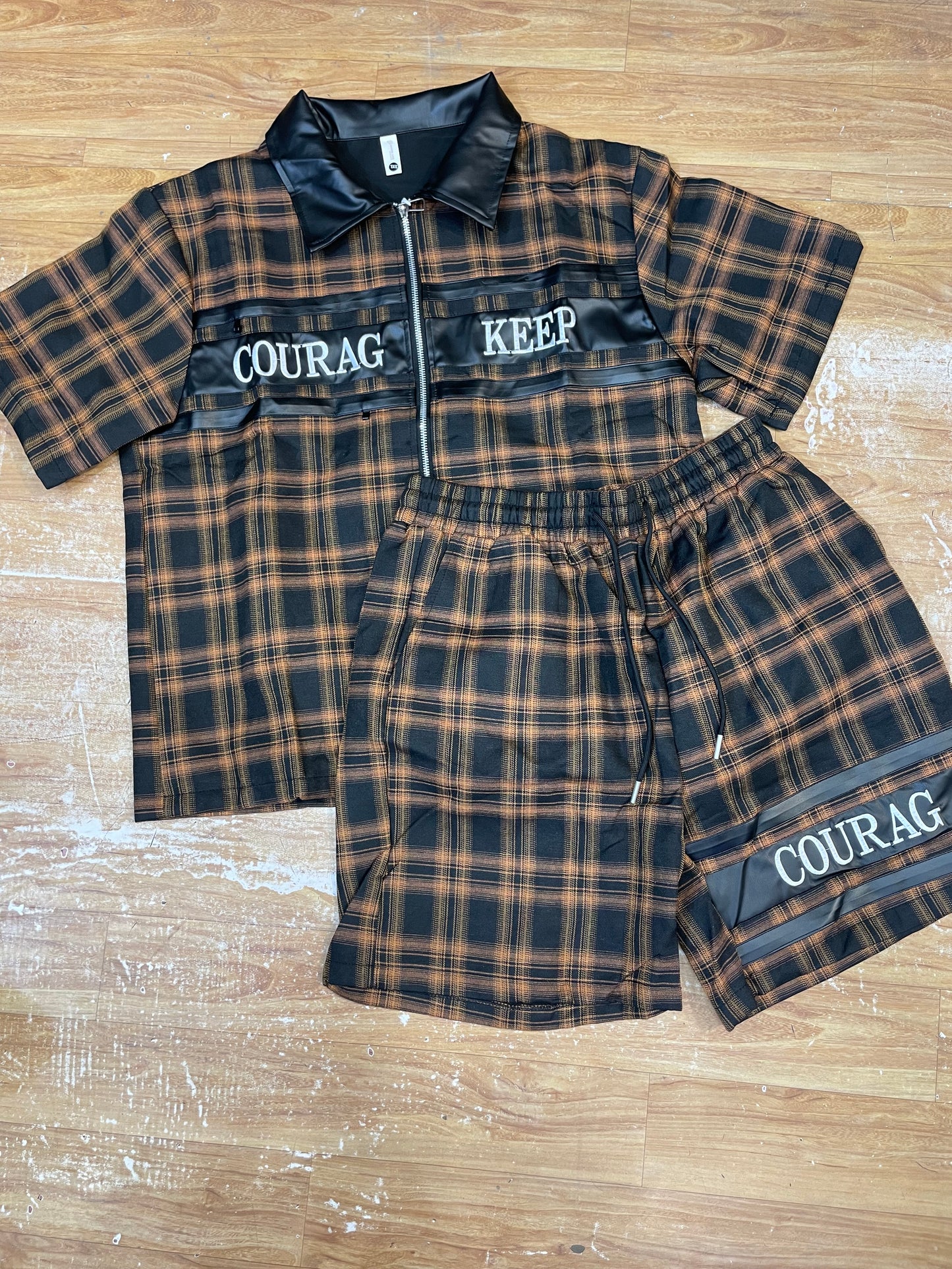 FASHION LINE Courag Keep Orange Black Check With Black Leather Collar Premium Quality Imported Unisex Coord Set 990704