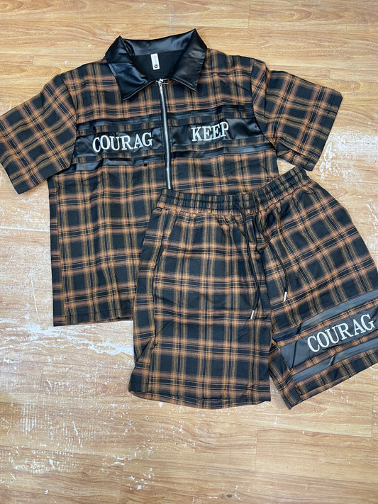 FASHION LINE Courag Keep Orange Black Check With Black Leather Collar Premium Quality Imported Unisex Coord Set 990704