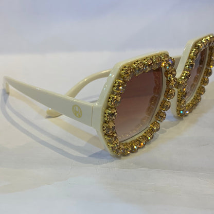 MAH Off White Frame Brown Shade Crystal Rhinestone Sunglass