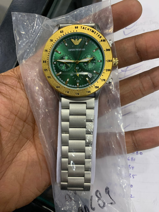 MRA Silver Chain Gold Ring Green Dial All Chrono Work Men’s Watch 990764