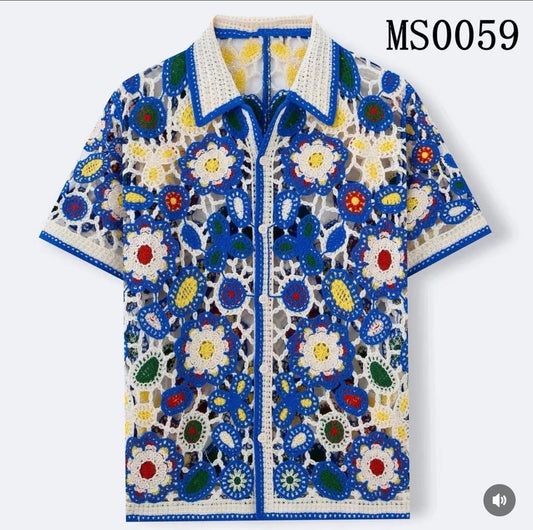 Panda Crochet Shirt Blue Cream Yellow Colour See-Through MS0059