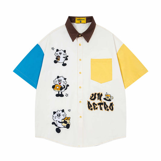 UNKONG RETRO Cream Yellow Blue Colour Cat Cartoon Print Half Sleeve Imported Oversized Unisex Shirt 2533