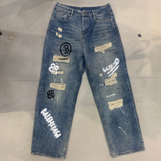 LAB BAL Faded Blue Colour Printed With Rugged Imported Straight Baggy Fit Men’s Jeans 823