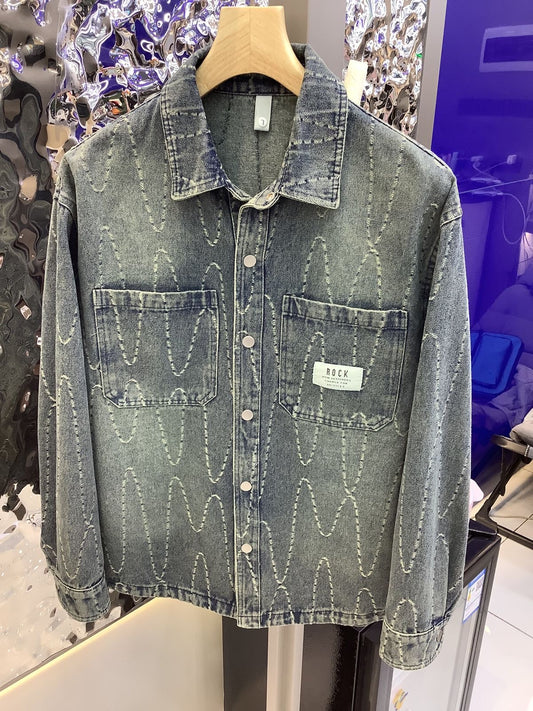 ROCK Faded Blue Denim Rugged Design Imported Denim Shacket 6018