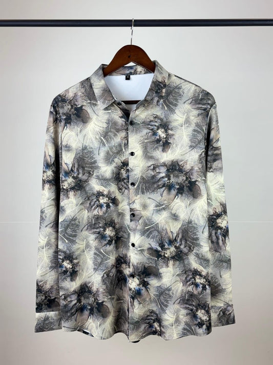 Cream Beige Brown Printed Full Sleeve Stichless Strachable Shirt 8602