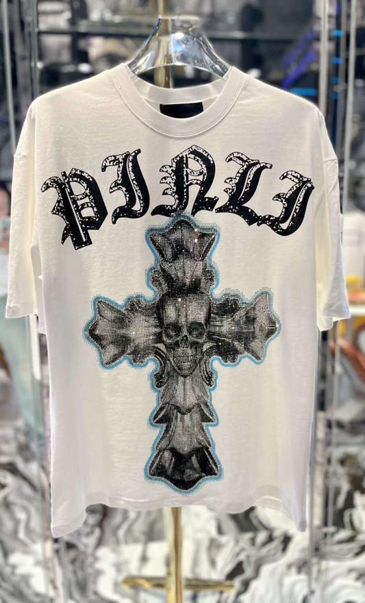 Philipp Pinli White Colour With Cross Diamond Design Half Sleeve Tshirt 32003