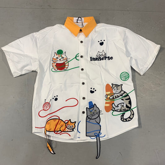 INNSERSE White Colour Orange Collar Kitty Print Imported Unisex Shirt 5145