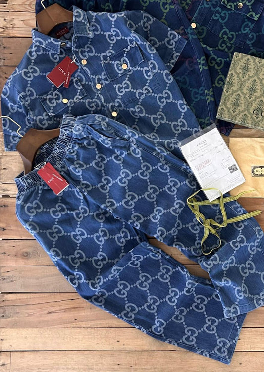 Cug Dark Blue Colour White GG Print Double Pocket Half Sleeve With Lower Denim Coord Set 989480