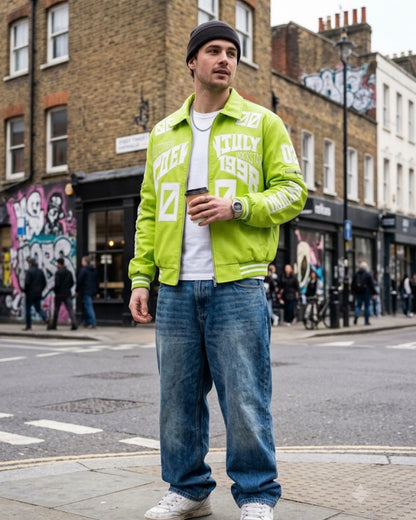 FASHION Neon Green Colour 1998 Embroidery Design Premium Quality Unisex Jacket 9333-A