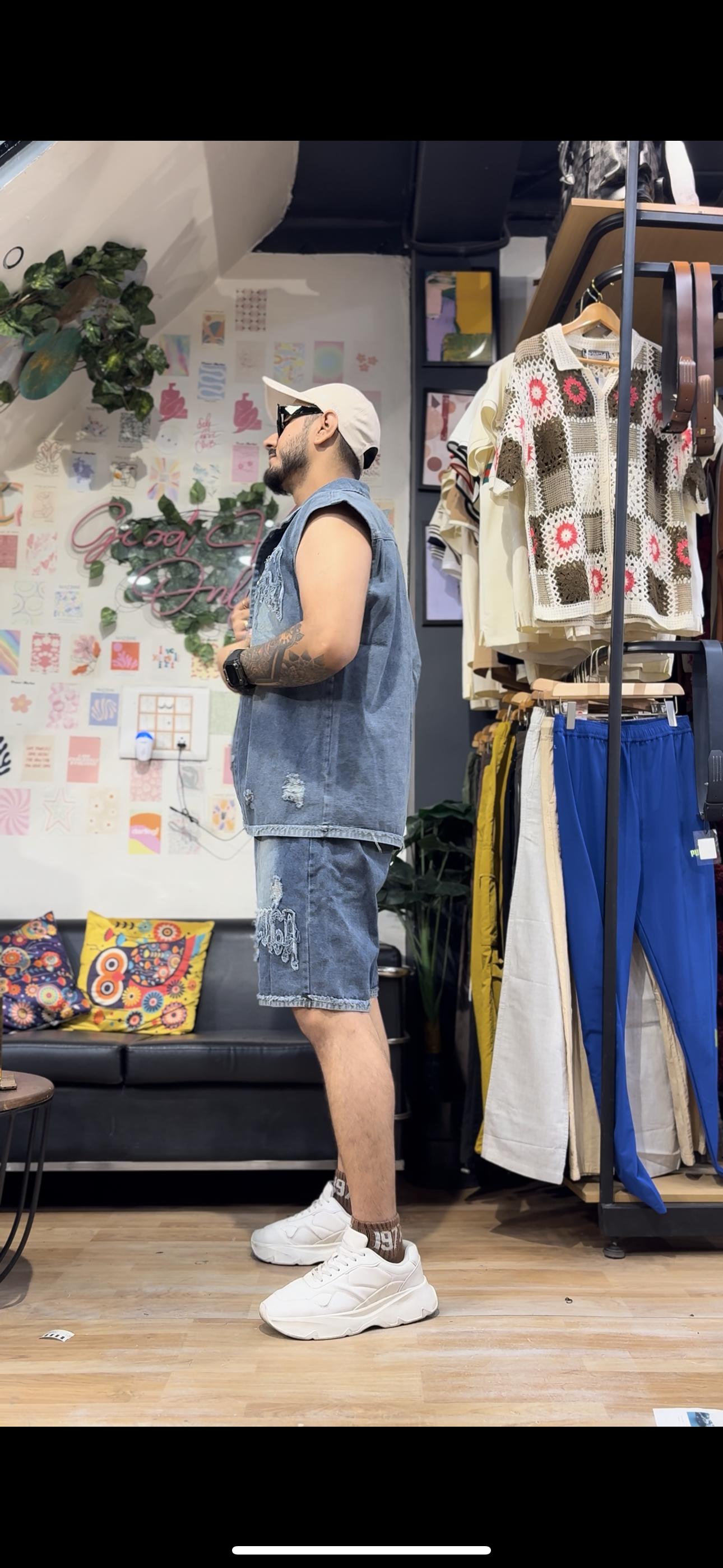 Bal Lab Blue Grey Cut Sleeve Shirt With Shorts Denim Coord Set 88008