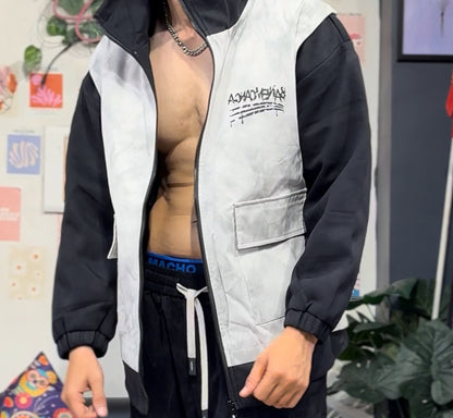 Banenciaga Grey Black Print Full Sleeve Hooded Jacket 9810