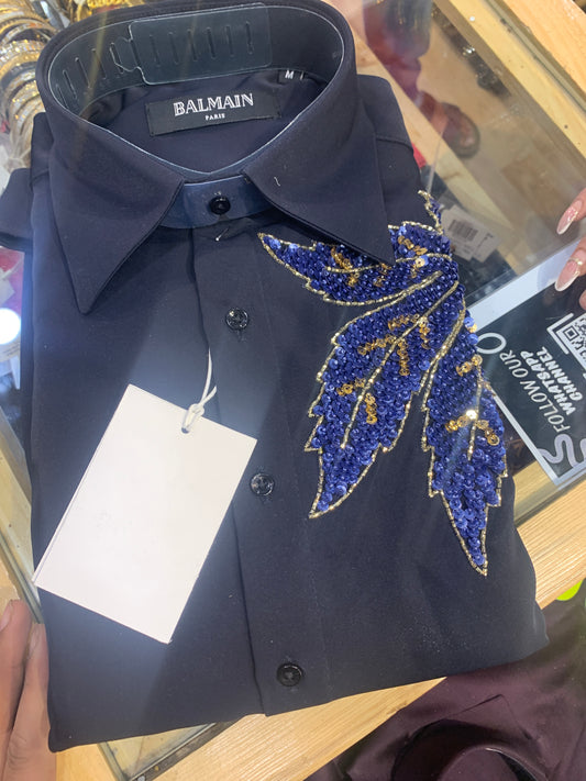 LAB Shirt Navy Blue Colour Leaf Stone Print H1009