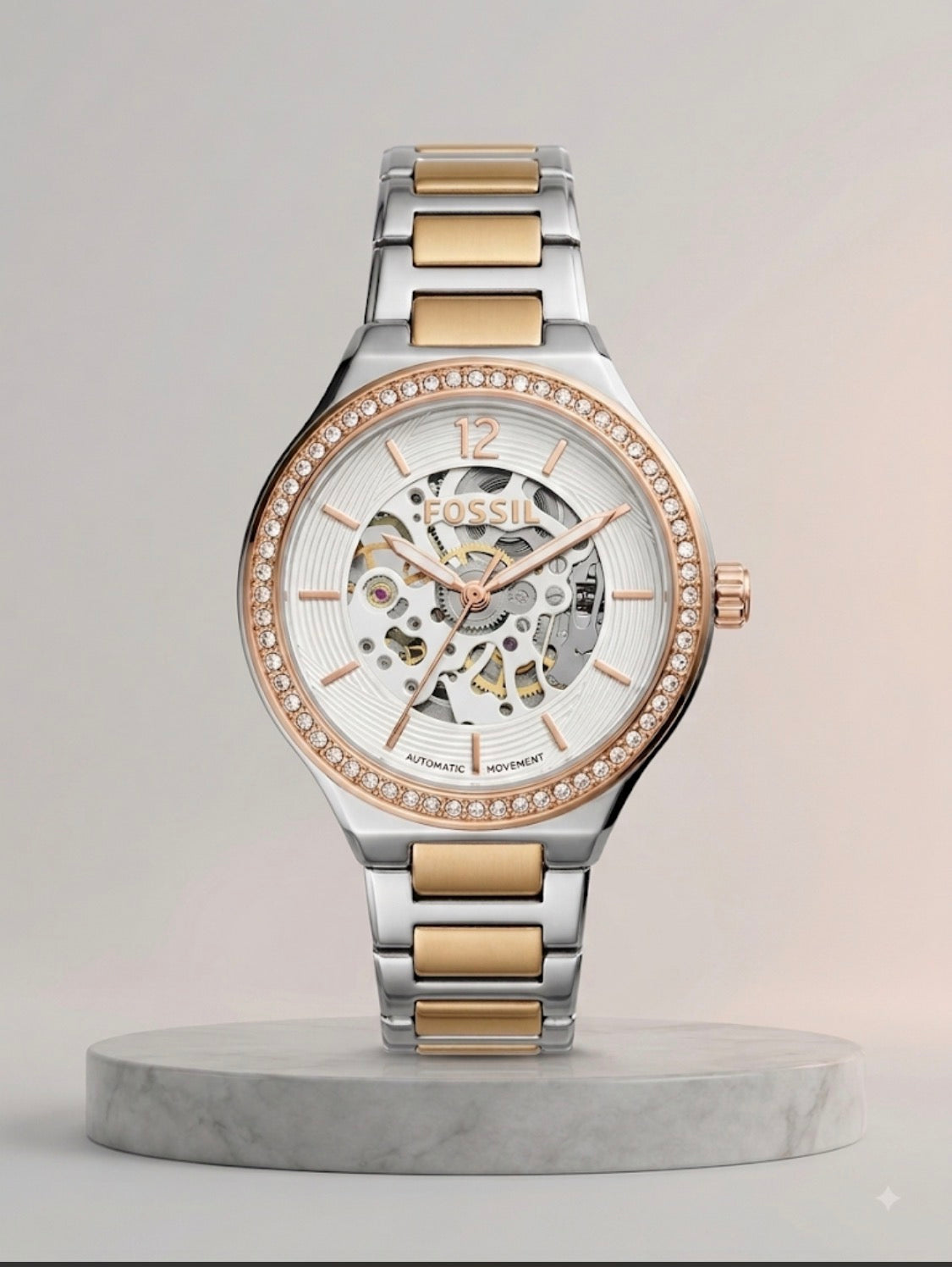SOF FOS Silver Copper Chain Copper Stud Ring White Dial Automatic Ladies Watch 991039