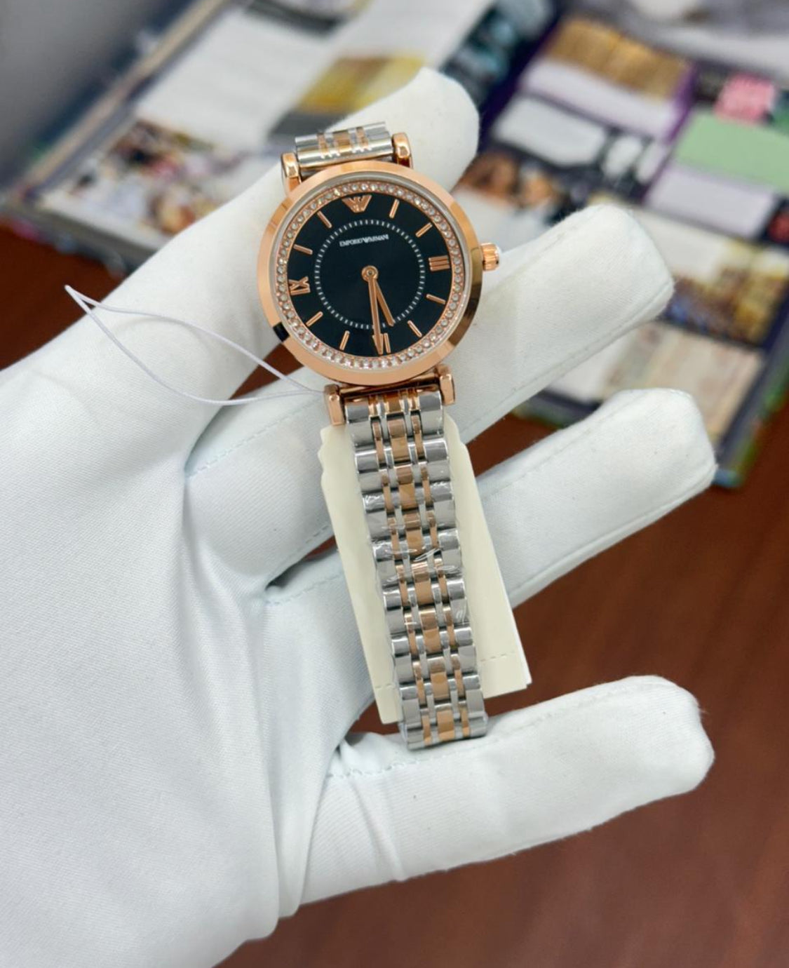 Mra Silver Copper Chain Copper Stud Black Dial Chronograph Working ladies Watch 990140