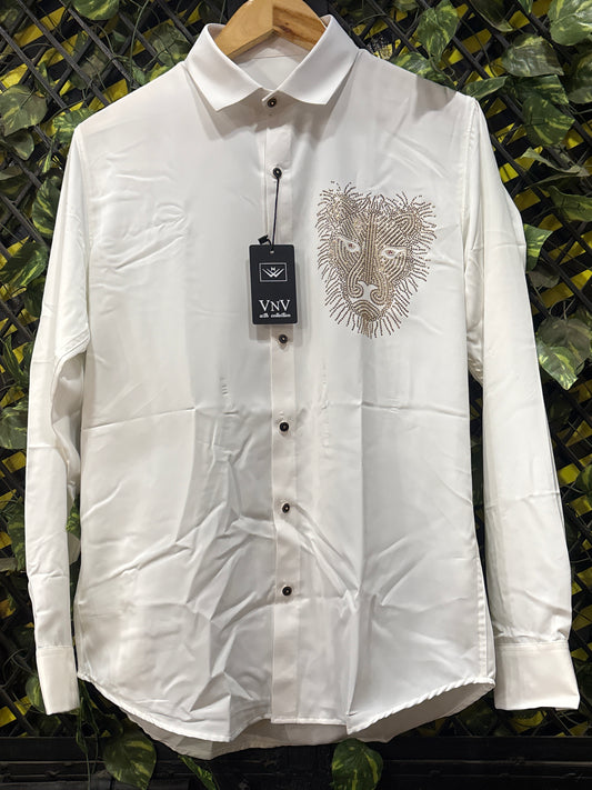 VNV white Colour Gold Shud Lion Print Japanese Shirt 990136