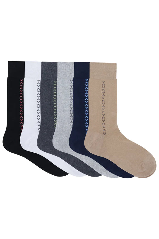 BALENZIA MEN'S MOTIF COTTON CREW SOCKS- (PACK OF 6 PAIRS/1U) (BLACK,BEIGE,NAVY,D.GREY,L.GREY,WHITE)