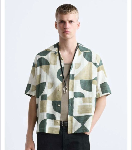 LDA Cream Green Yellow Printed Half Sleeve Men’s Shirt 989633