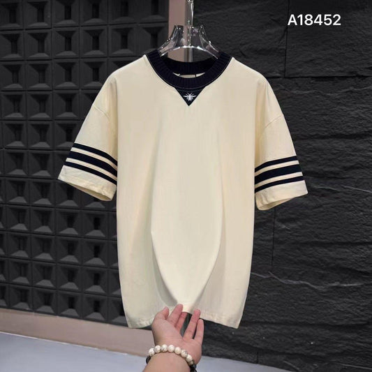 LUKASHE CUG GUC Cream Colour Navy Neck Premium Quality Imported Unisex Tshirt A18452