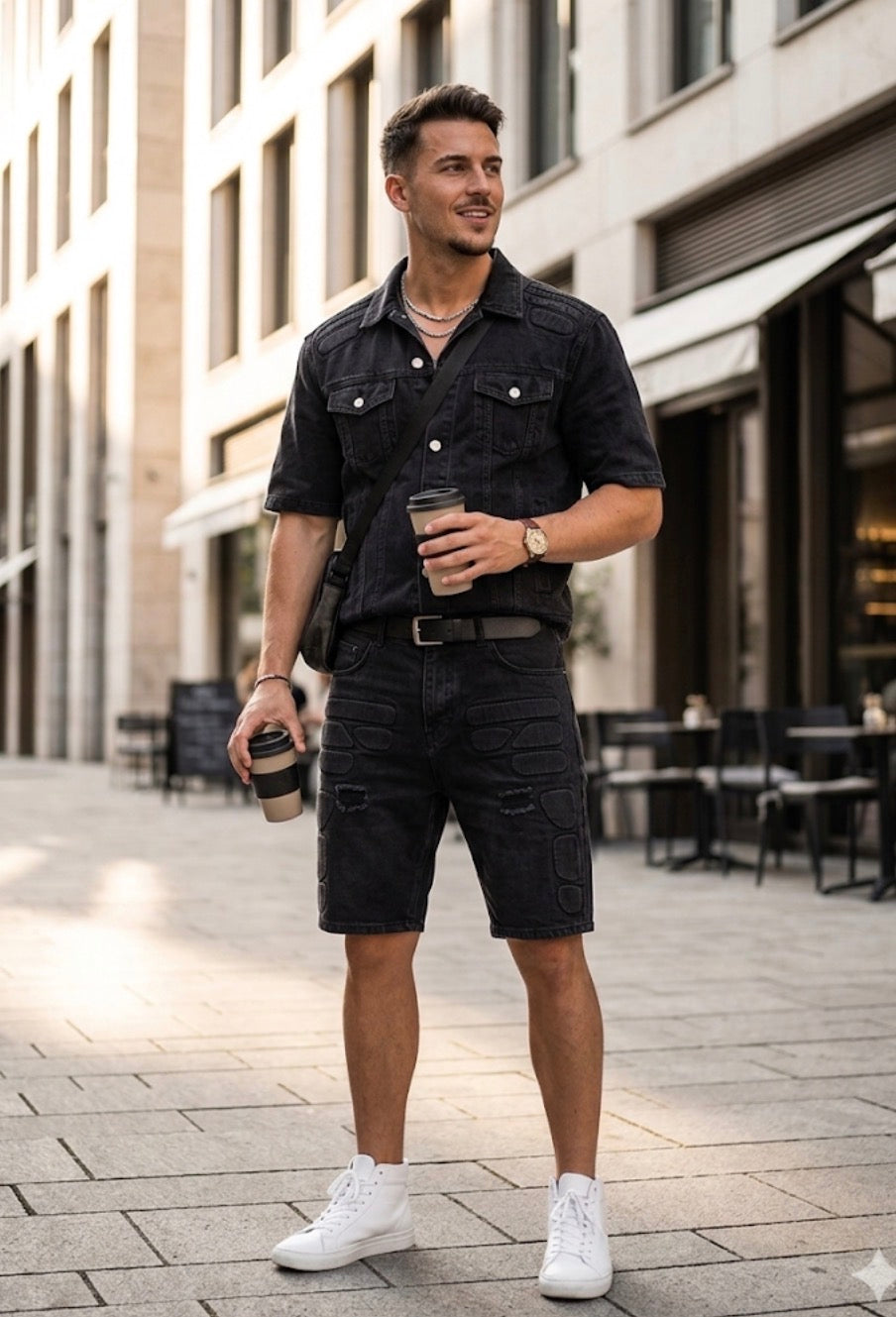 FASHION Black Grey Denim Rugged Shirt With Shorts Imported Unisex Coord Set 1880