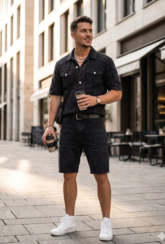 FASHION Black Grey Denim Rugged Shirt With Shorts Imported Unisex Coord Set 1880