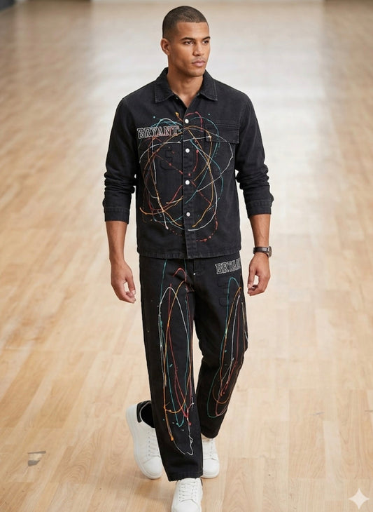 BRYANT 33 Denim Charcoal Grey With Painted Style Shirt And Jeans Imported Unisex Coord Set K51
