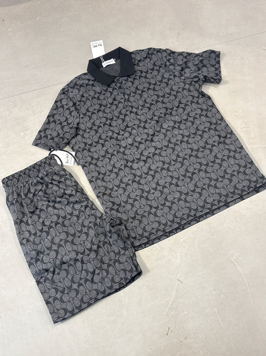 Aoc Coa Black Grey Colour Print Coller T Shirt With Shorts Coord Set 990102